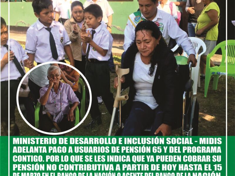 LA MUNICIPALIDAD DISTRITAL DE PUCAYACU A TRAVÉS DE LA SUBGERENCIA DE DEMUNA, OMAPED Y CIAM, COMUNICA A LOS BENEFICIARIOS DEL PROGRAMA PENSIÓN 65 Y DEL PROGRAMA CONTIGO, QUE A PARTIR DE HOY HASTA EL 15 DE MARZO YA PUEDEB COBRAR SU PENSIÓN NO CONTRIBUTIVA, LO PUEDEN HACER EN BANCO DE LA NACIÓN DE LA CIUDAD DE AUCAYACU Y EN EL AGENTE DEL BANCO DE LA NACIÓN DE NUESTRO DISTRITO.