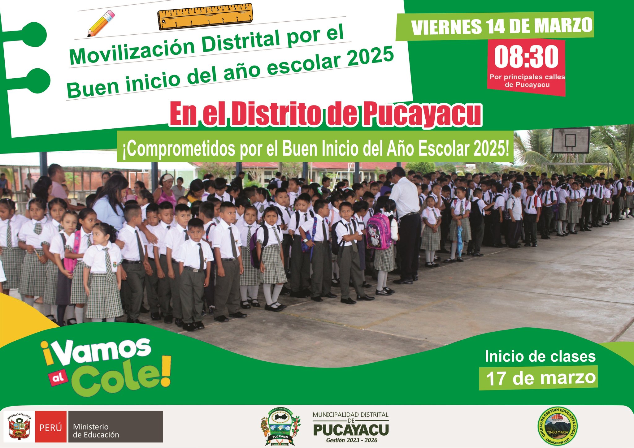 Municipalidad Distrital de Pucayacu – Se invita a la gran movilización multisectorial por el Buen Inicio del Año Escolar 2025.