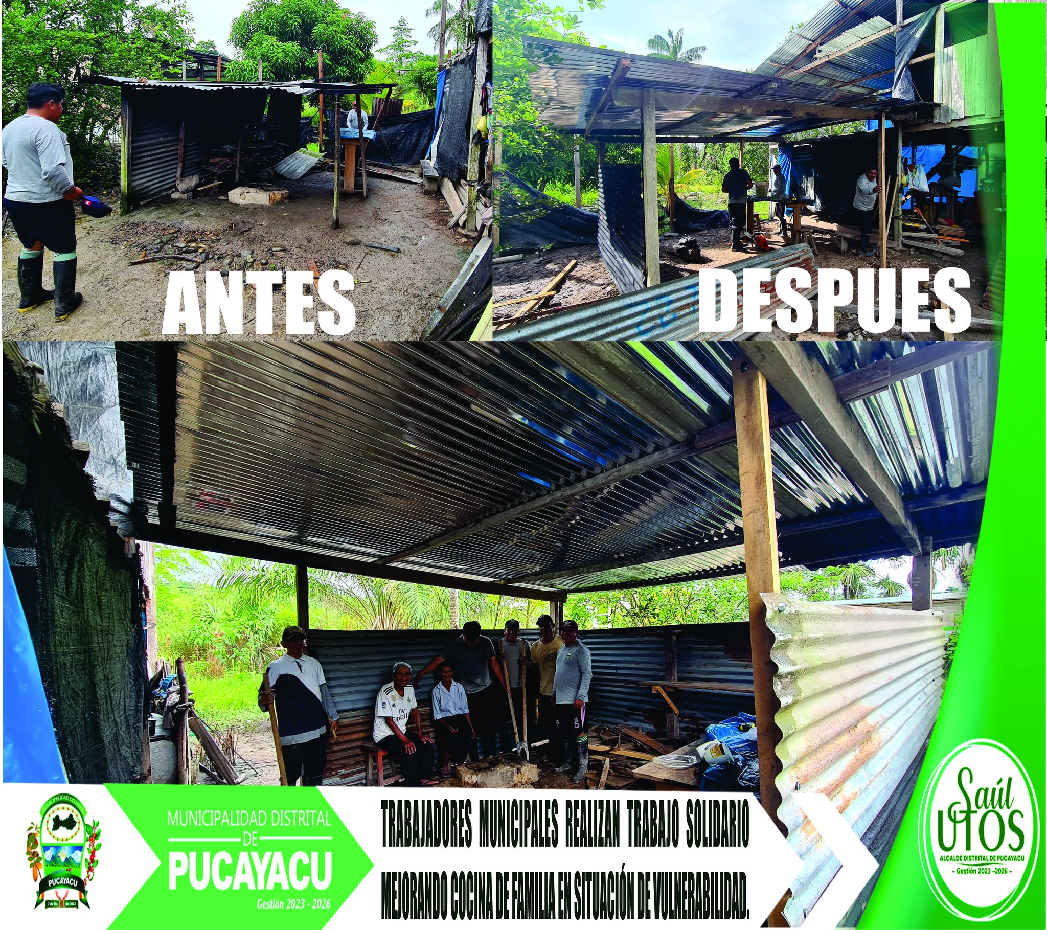 Municipalidad Distrital de Pucayacu – Solidaria acción: Trabajadores municipales mejoran cocina de familia en situación de vulnerabilidad.