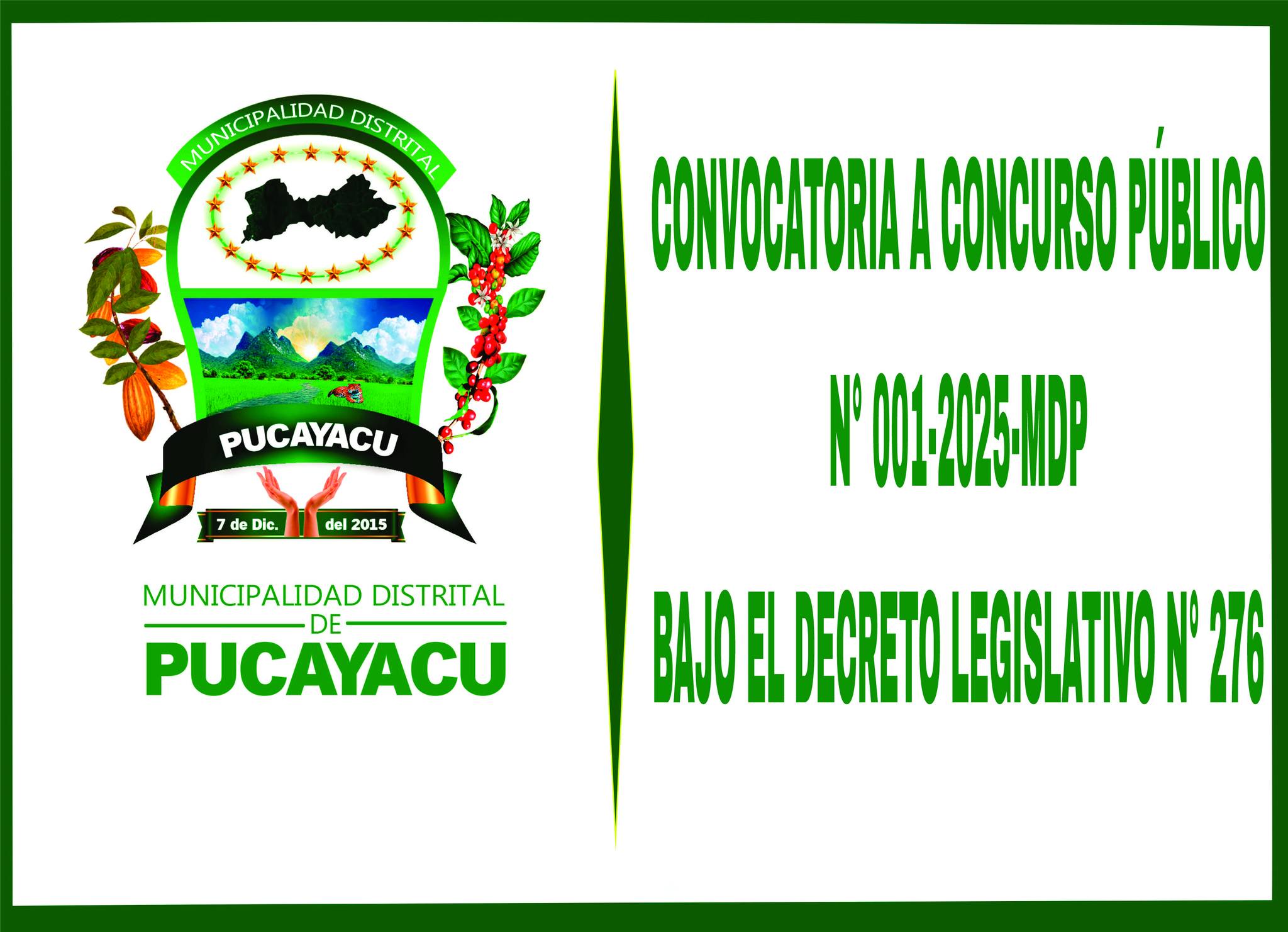 La Municipalidad Distrital de Pucayacu, presenta la convocatoria de selección de personal a través de un Concurso Público N°001-2025-MDP, bajo el Decreto Legislativo N° 276, en el que pueden postular profesionales que cumplan con los requisitos especificados en las bases de la convocatoria. Aquí podrán revisar toda la documentación que preceden en todos los documentos de esta convocatoria.