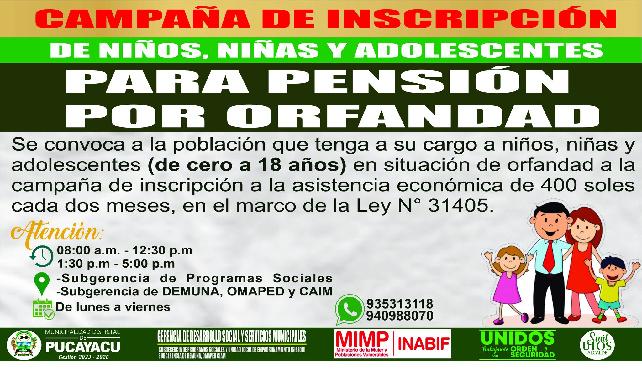 Municipalidad Distrital de Pucayacu – Inscripción de Asistencia Económica por Orfandad.