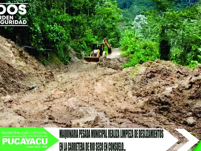 Municipalidad Distrital de Pucayacu – Maquinaria municipal realizo limpieza de deslizamientos en la carretera Rio Seco.