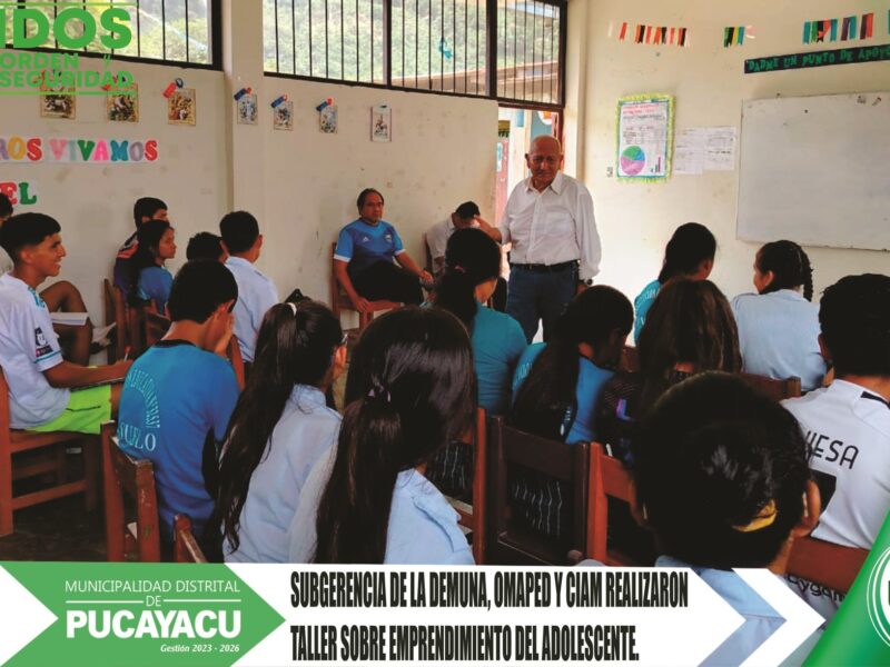 Municipalidad Distrital de Pucayacu – Subgerencia de DEMUNA, OMAPED y CIAM realizan Taller «Emprendimiento en Adolescentes» para alumnos de la I.E N° 32537 del C.P Consuelo.