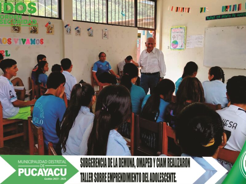 Municipalidad Distrital de Pucayacu – Subgerencia de DEMUNA, OMAPED y CIAM realizan Taller «Emprendimiento en Adolescentes» para alumnos de la I.E N° 32537 del C.P Consuelo.