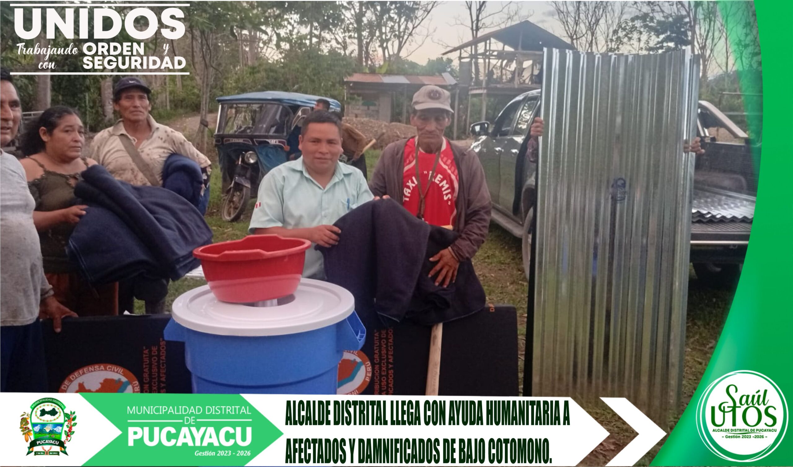 Municipalidad Distrital de Pucayacu – Alcalde llevó ayuda humanitaria a familias afectadas y damnificadas del caserío Bajo Cotomono.