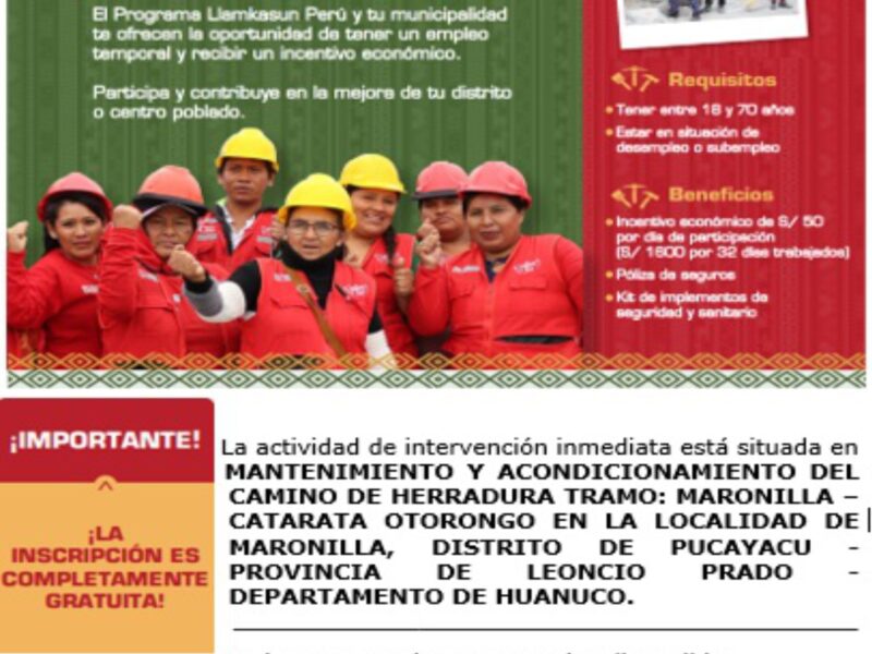Municipaldiad Distrital de Pucayacu – Convocatoria de Empleo Temporal para 01 actividad del Programa LLAMKASUN PERÚ.