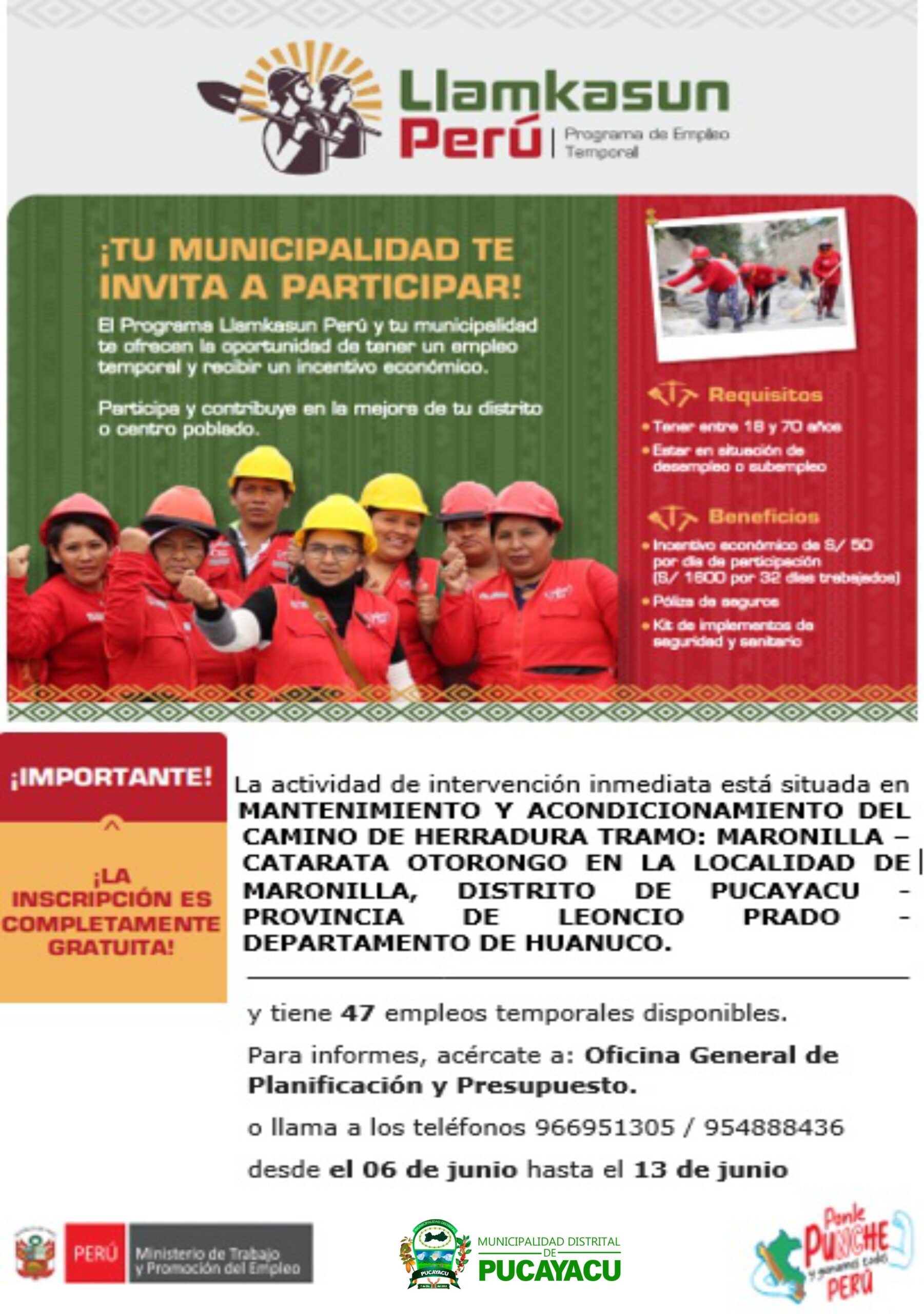 Municipaldiad Distrital de Pucayacu – Convocatoria de Empleo Temporal para 01 actividad del Programa LLAMKASUN PERÚ.